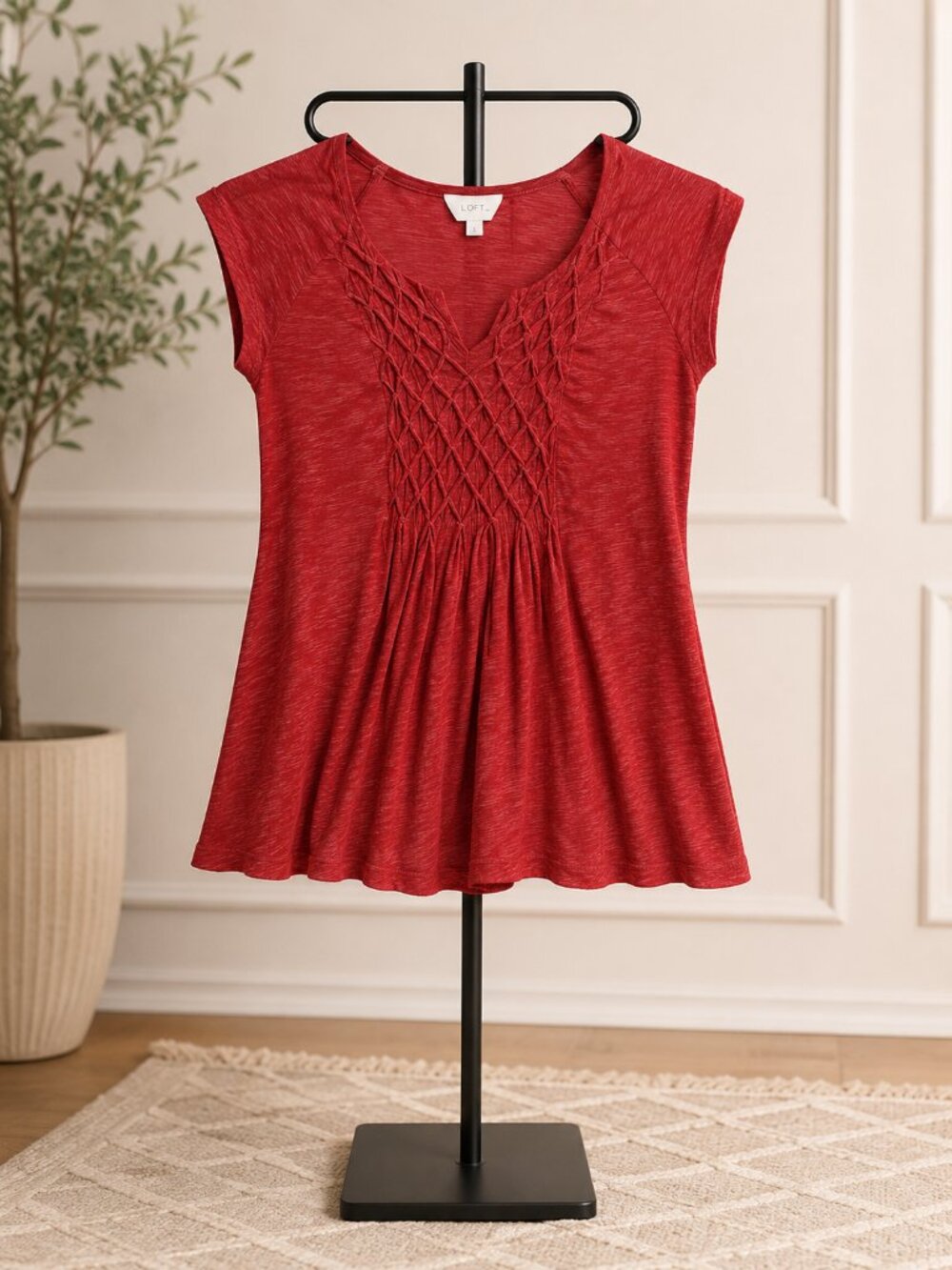 Deletta Women's Rust Red Crochet Front Peplum Top | Size Medium | 100% Cotton